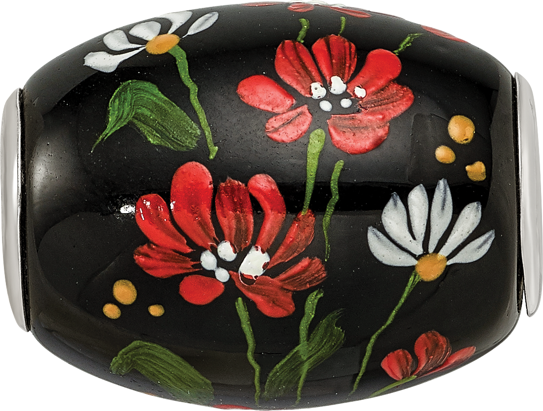Ster.Silver Reflections Hand Paint Ebony Bouquet Large Fenton Glass Bead