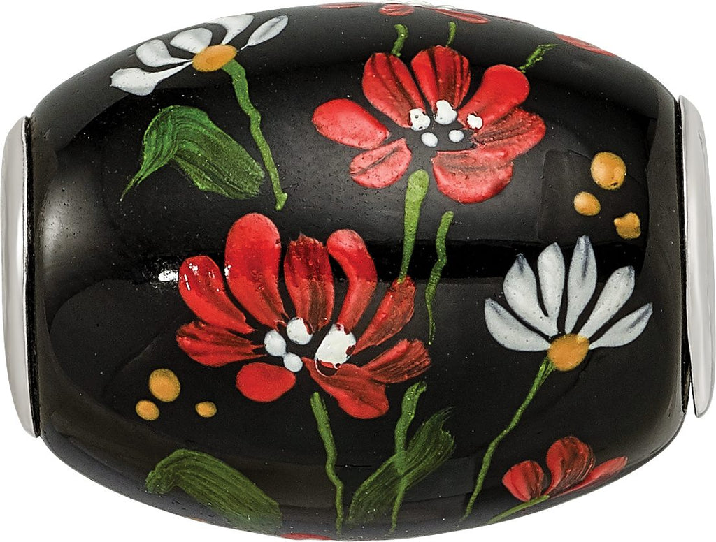 Reflection Beads Sterling Silver Hand-Painted Ebony Bouquet Large Fenton Glass Bead - Sophia Jewelers