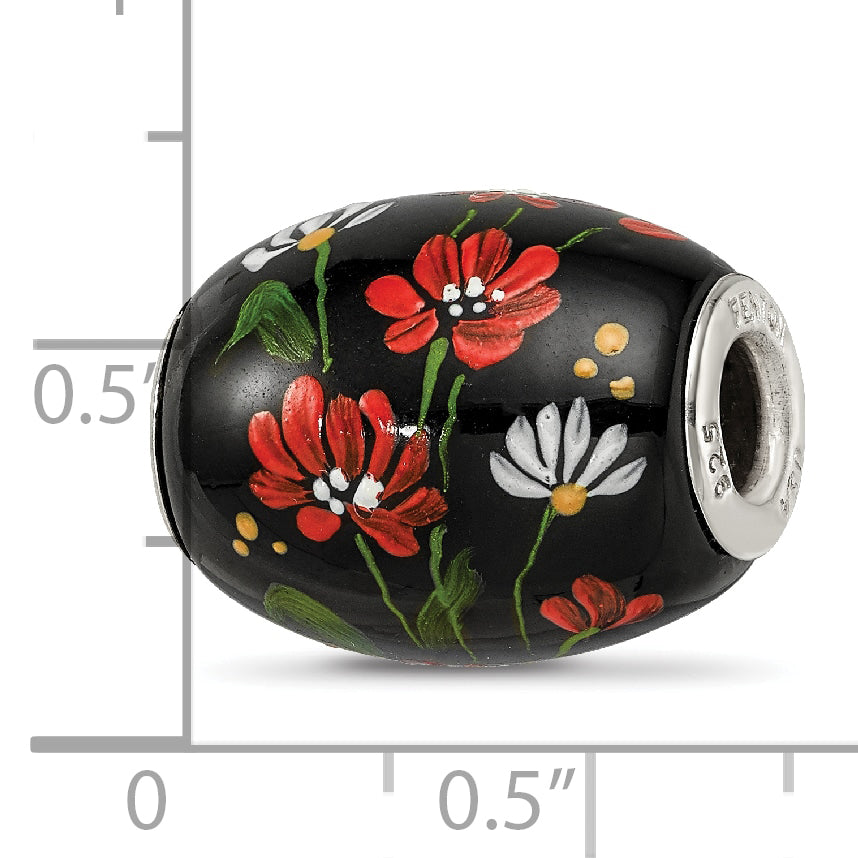 Ster.Silver Reflections Hand Paint Ebony Bouquet Large Fenton Glass Bead