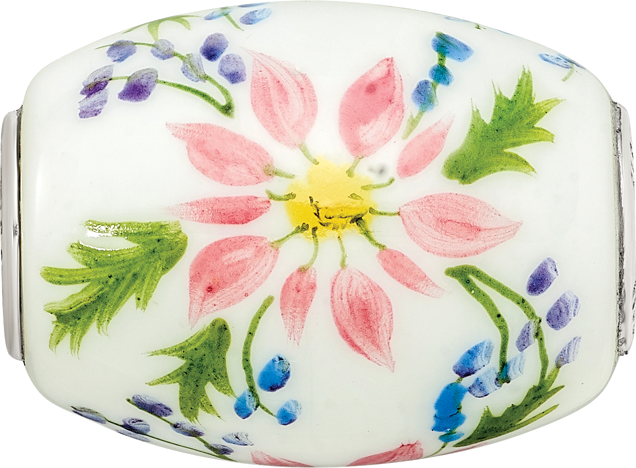 Ster.Silver Reflections Hand Paint Berries & Blossoms Fenton Glass Bead