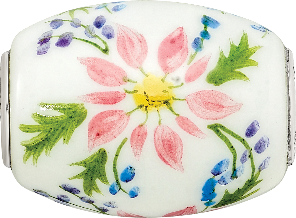 Ster.Silver Reflections Hand Paint Berries & Blossoms Fenton Glass Bead