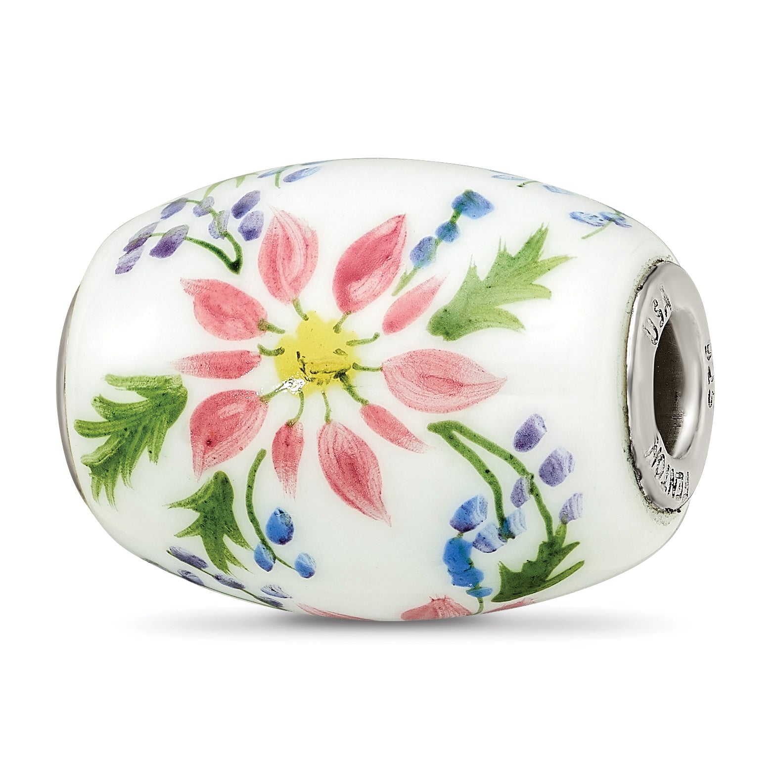 Ster.Silver Reflections Hand Paint Berries & Blossoms Fenton Glass Bead Main image