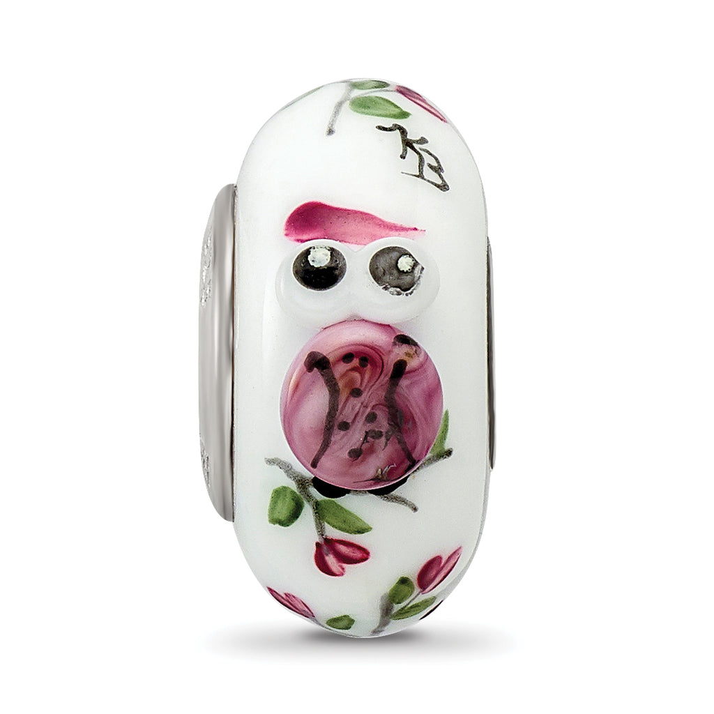 Ster.Silver Reflections Hand Painted Two Hoots For You Fenton Glass Bead