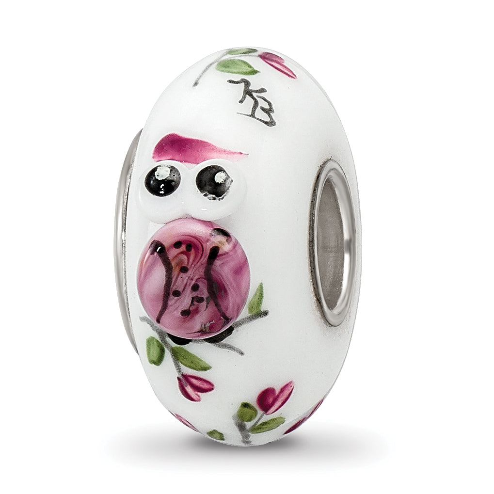 Ster.Silver Reflections Hand Painted Two Hoots For You Fenton Glass Bead