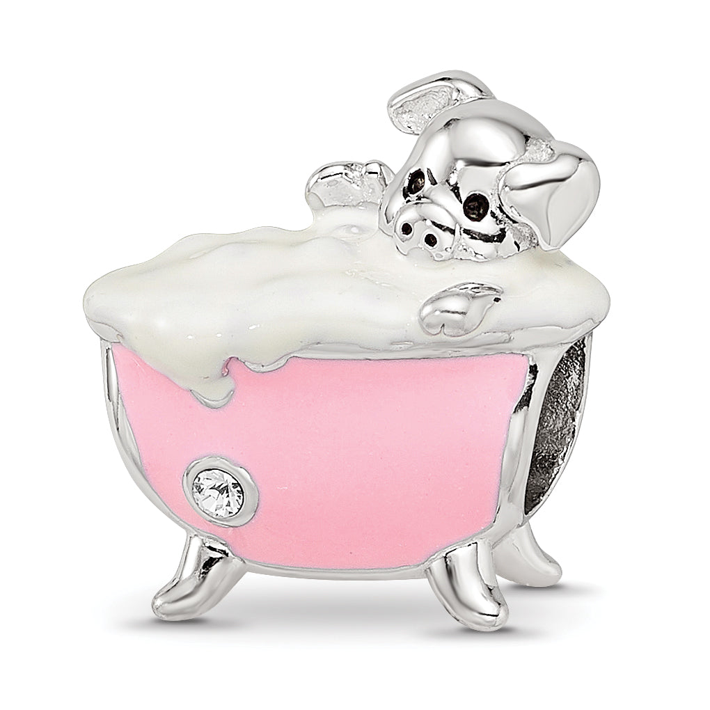 Sterling Silver Reflections Rh-plated Pink Enamel & CZ Pig In Bathtub Bead Main image