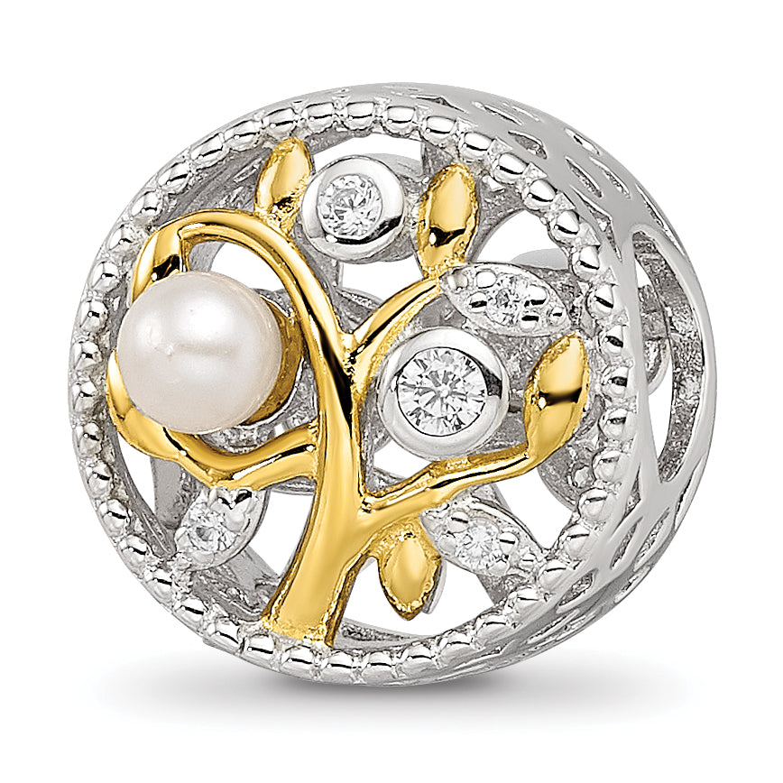 Sterling Silver Reflections Rh-plate Gold-tone FWC Pearl & CZ Tree Bead Main image