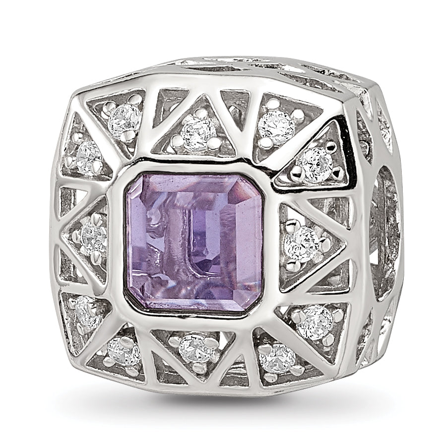 Sterling Silver Reflections Rh-plated Purple & CZs Cut Out Square Bead Main image