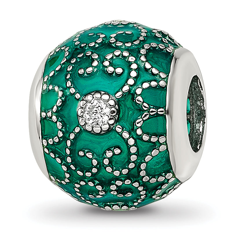 Sterling Silver Reflections Rh-plated CZs Green Enameled Bead Main image