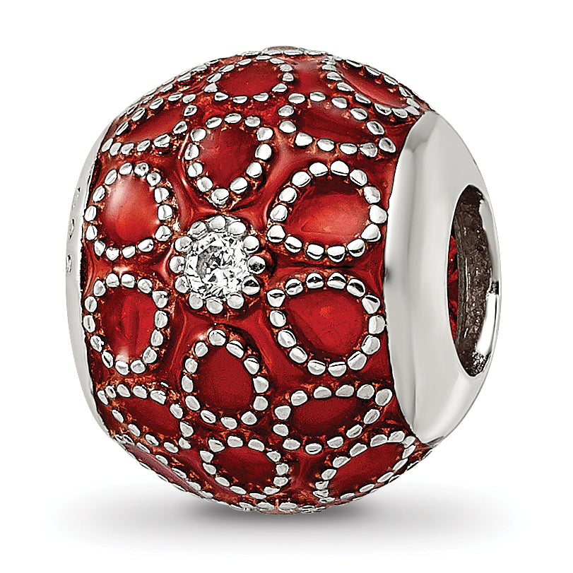 Sterling Silver Reflections Rh-plated CZs Orange Enameled Bead Main image