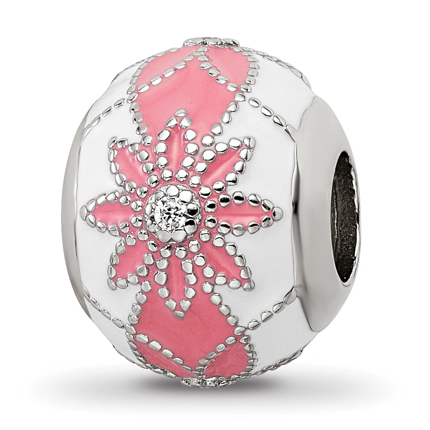 Sterling Silver Reflections Rh-plated CZ White & Pink Enamel Flowers Bead Main image