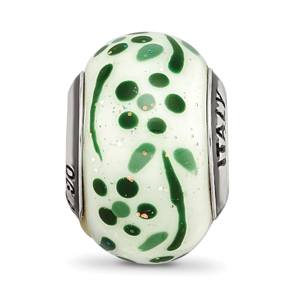 Sterling Silver Reflections Green Glitter Flower Italian Glass Bead