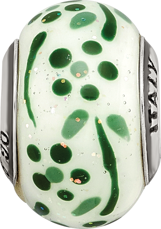Sterling Silver Reflections Green Glitter Flower Italian Glass Bead