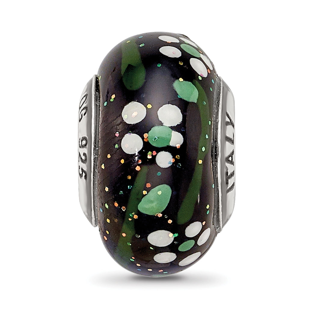 Sterling Silver Reflections White Flower Glitter Black Italian Glass Bead