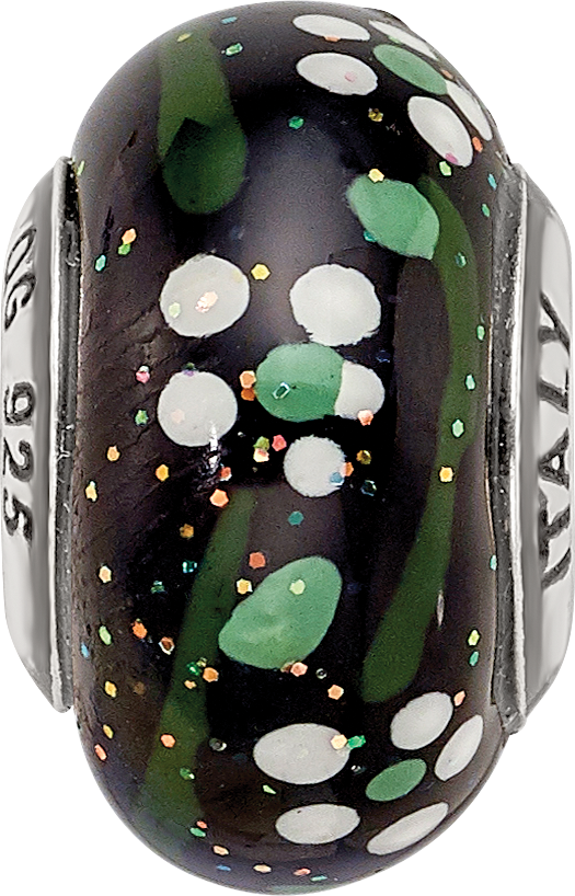 Sterling Silver Reflections White Flower Glitter Black Italian Glass Bead