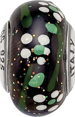 Sterling Silver Reflections White Flower Glitter Black Italian Glass Bead