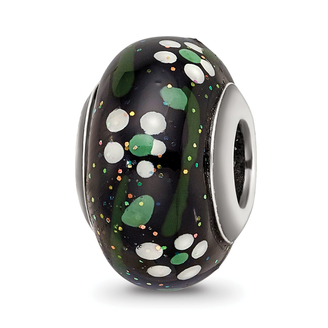 Sterling Silver Reflections White Flower Glitter Black Italian Glass Bead