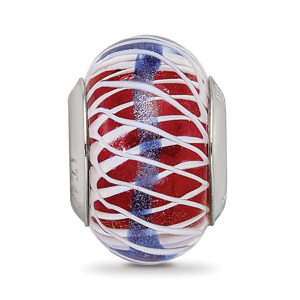 Sterling Silver Reflections Pink and White Weaved Glass With Blue Stripe Bead