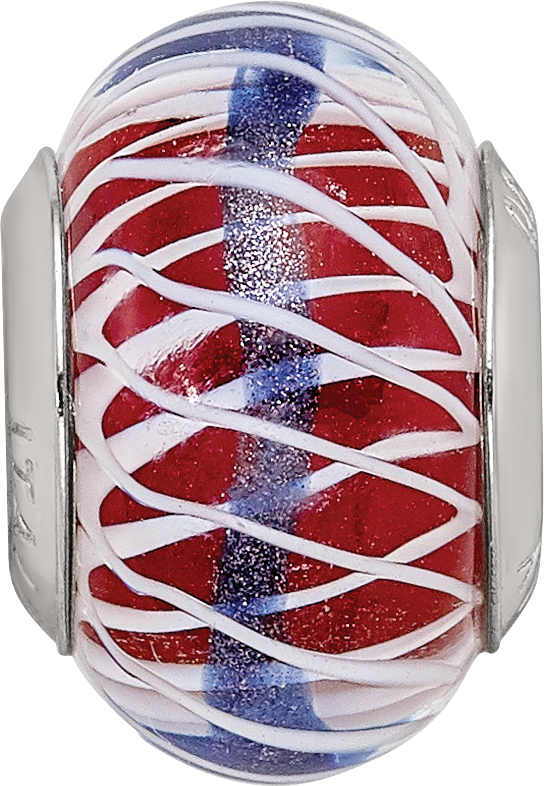 Sterling Silver Reflections Pink and White Weaved Glass With Blue Stripe Bead