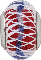 Sterling Silver Reflections Pink and White Weaved Glass With Blue Stripe Bead