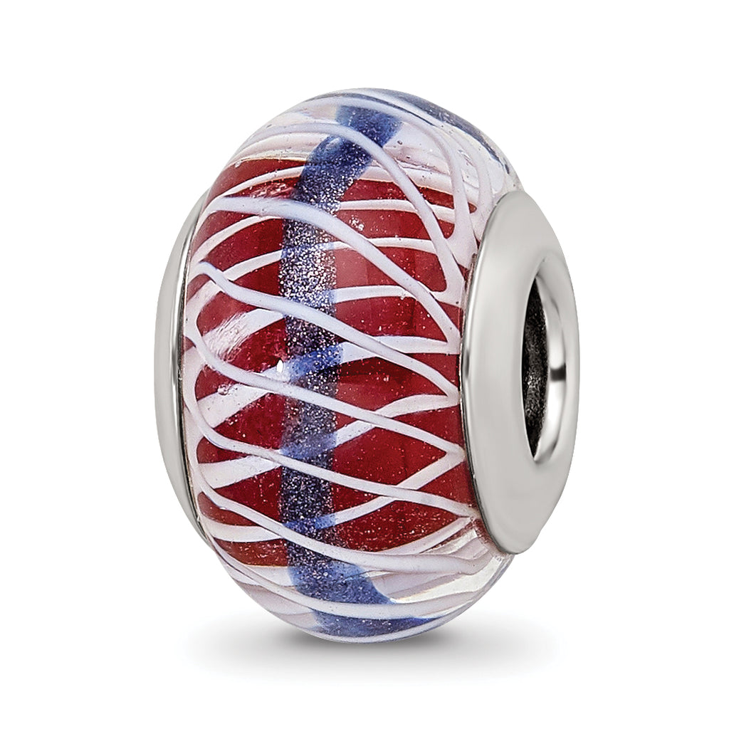 Sterling Silver Reflections Pink and White Weaved Glass With Blue Stripe Bead