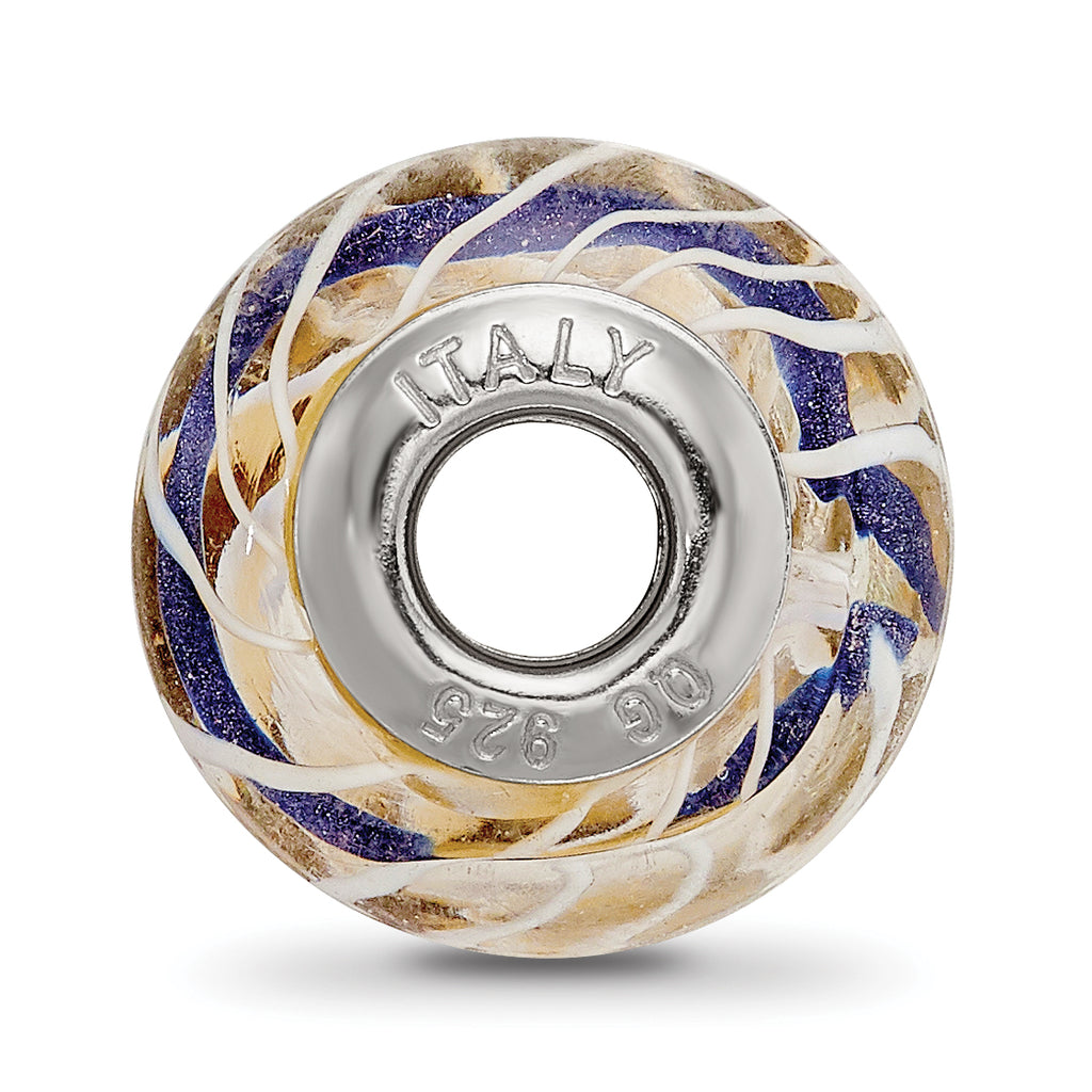 Sterling Silver Reflections White Weaved With Blue Stripe Glass Bead