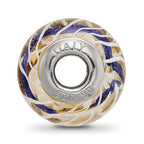 Sterling Silver Reflections White Weaved With Blue Stripe Glass Bead
