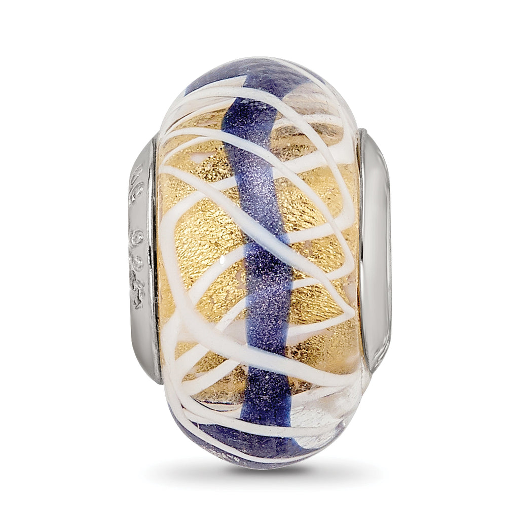 Sterling Silver Reflections White Weaved With Blue Stripe Glass Bead