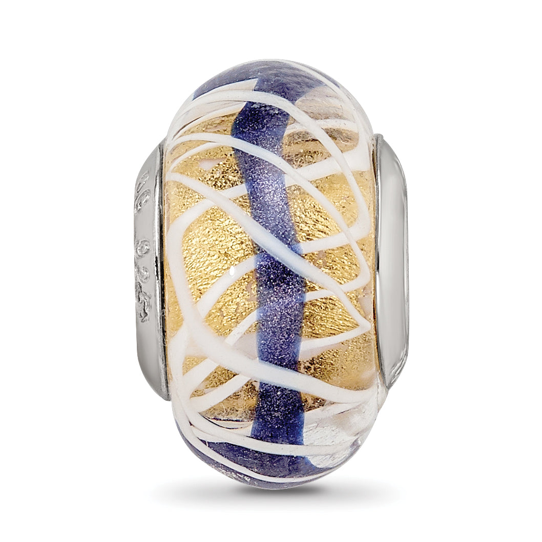 Sterling Silver Reflections White Weaved With Blue Stripe Glass Bead