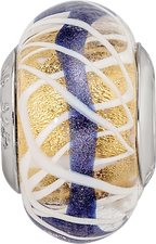 Sterling Silver Reflections White Weaved With Blue Stripe Glass Bead