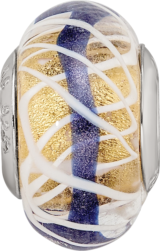 Sterling Silver Reflections White Weaved With Blue Stripe Glass Bead