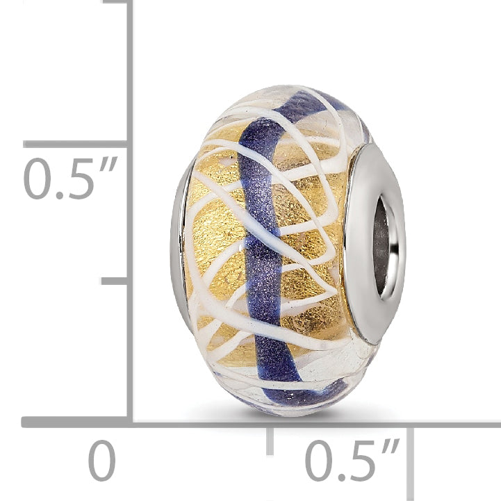 Sterling Silver Reflections White Weaved With Blue Stripe Glass Bead