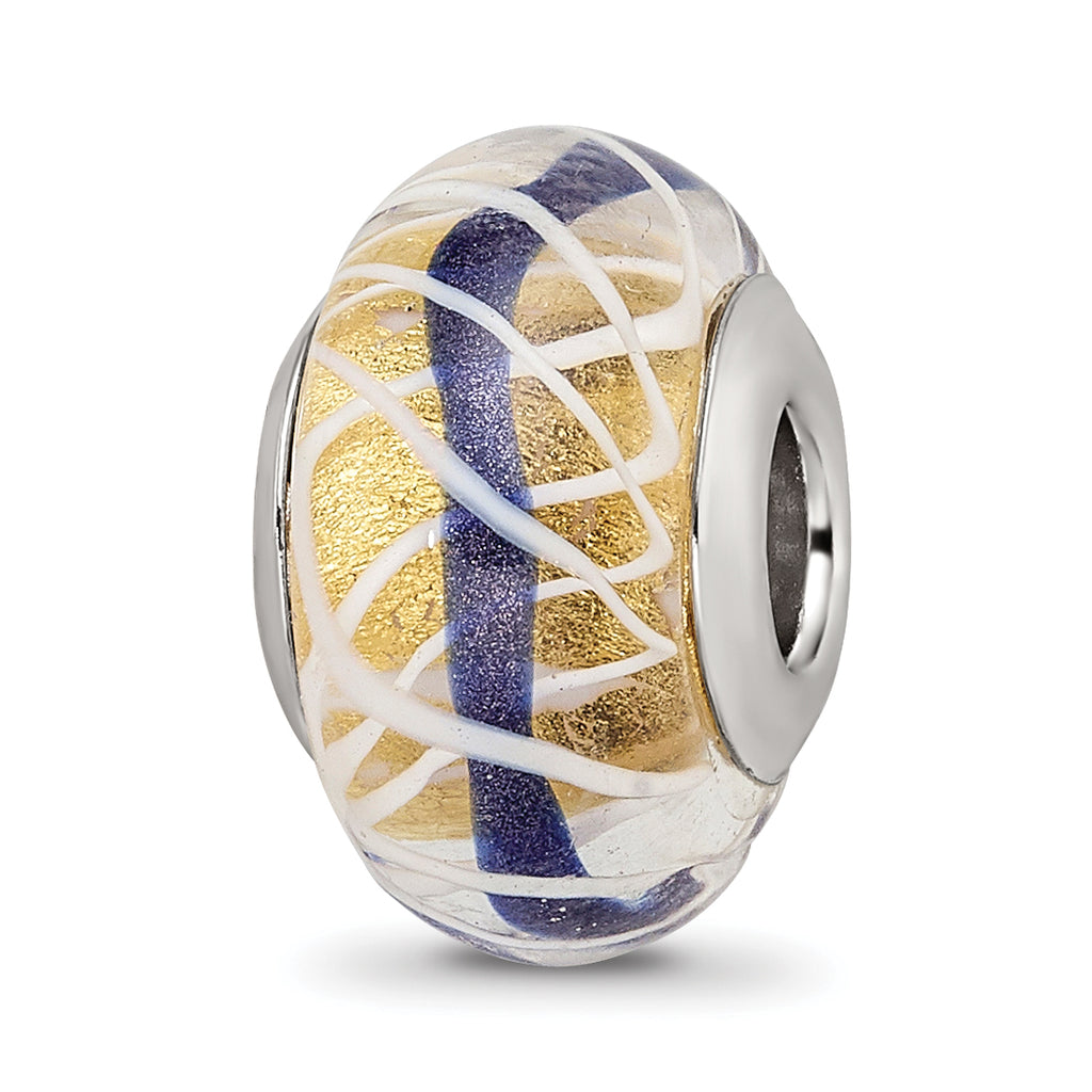 Sterling Silver Reflections White Weaved With Blue Stripe Glass Bead