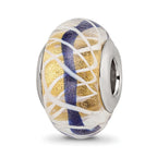 Sterling Silver Reflections White Weaved With Blue Stripe Glass Bead