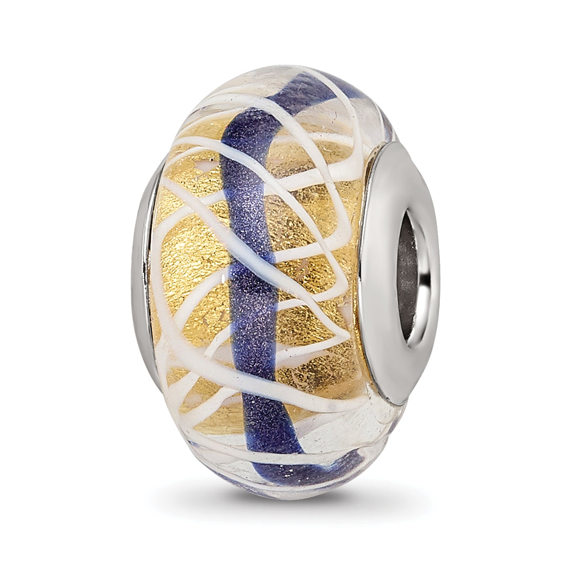 Sterling Silver Reflections White Weaved With Blue Stripe Glass Bead