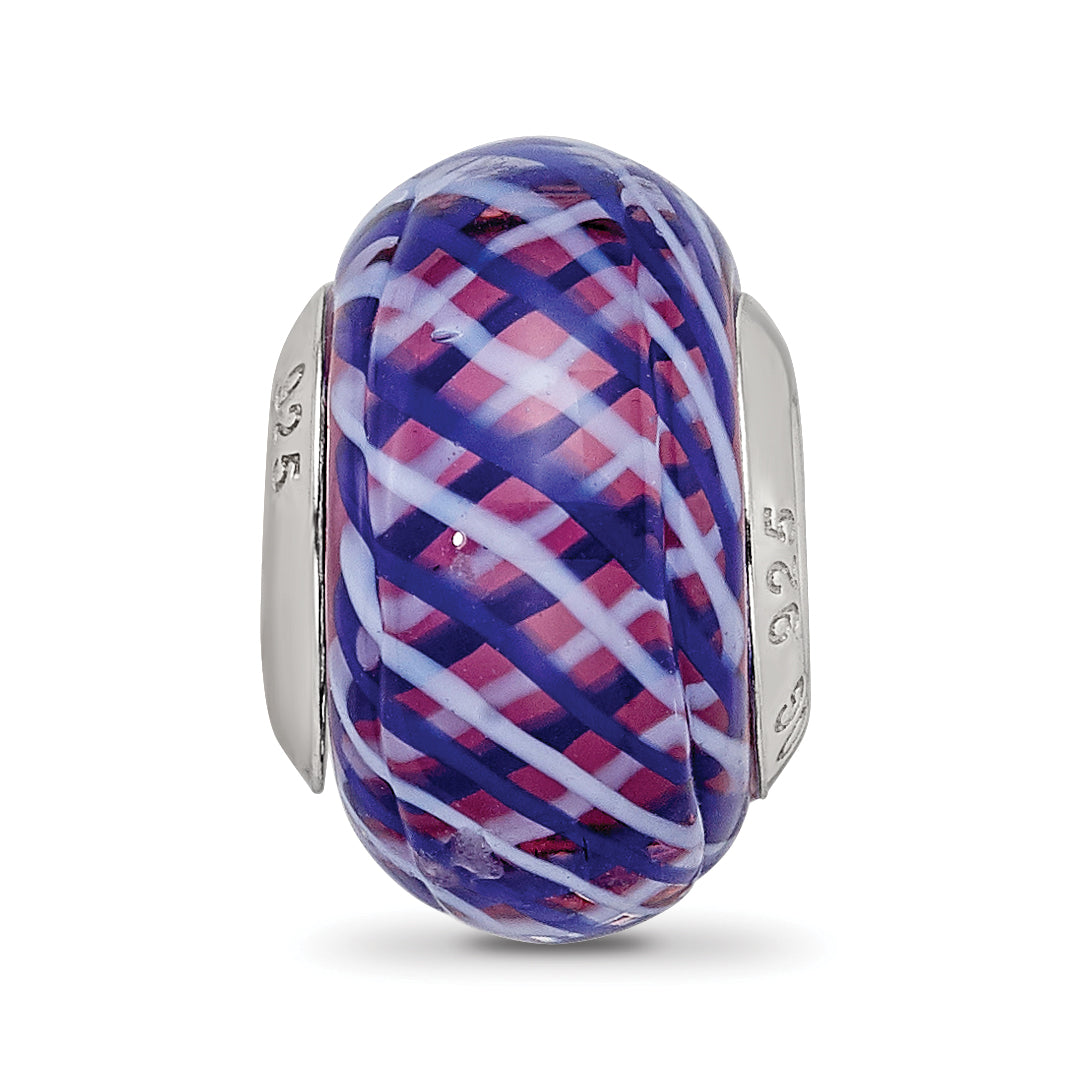 Sterling Silver Reflections Navy and White Weaved w/Pink Glass Bead
