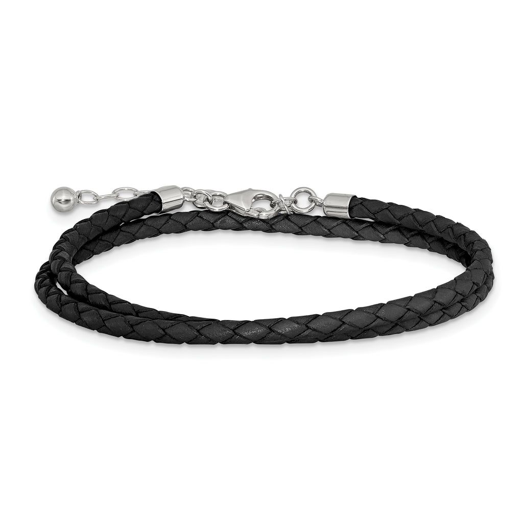 SS Reflections Black Leather Rh-plated 14in With 2in ext Choker/Wrap Bracelet