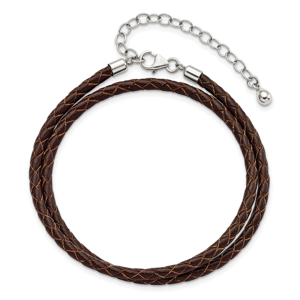 SS Reflections Rhod-plated Brn Leather With 2 in ext Choker/Wrap Bracelet