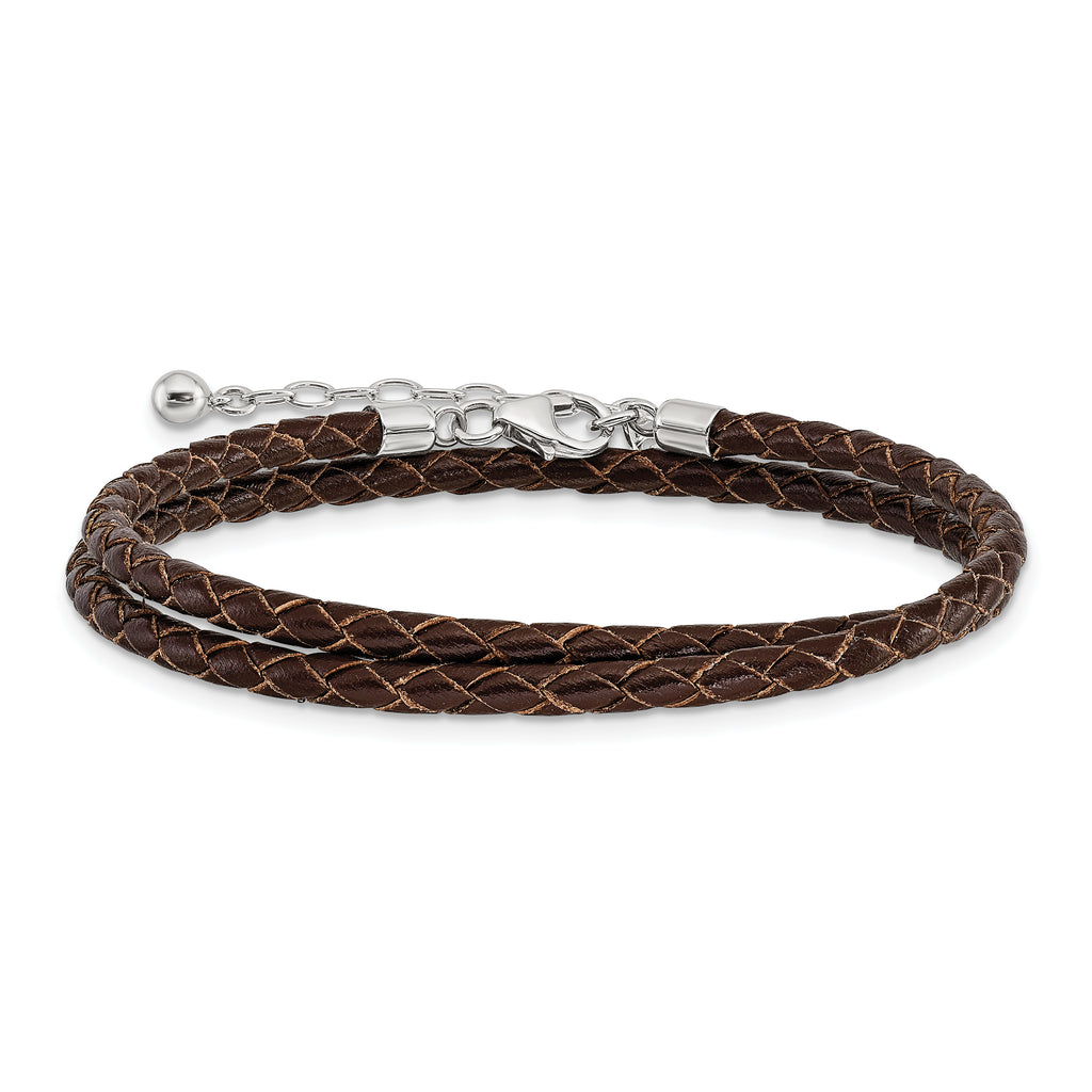 SS Reflections Rhod-plated Brn Leather With 2 in ext Choker/Wrap Bracelet