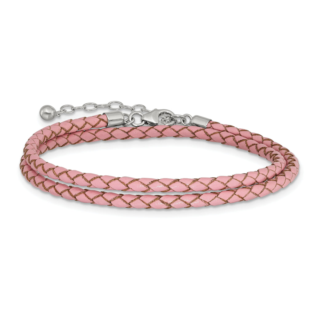 SS Reflections Pink Leather Rh-plated 14in With 2in ext Choker/Wrap Bracelet