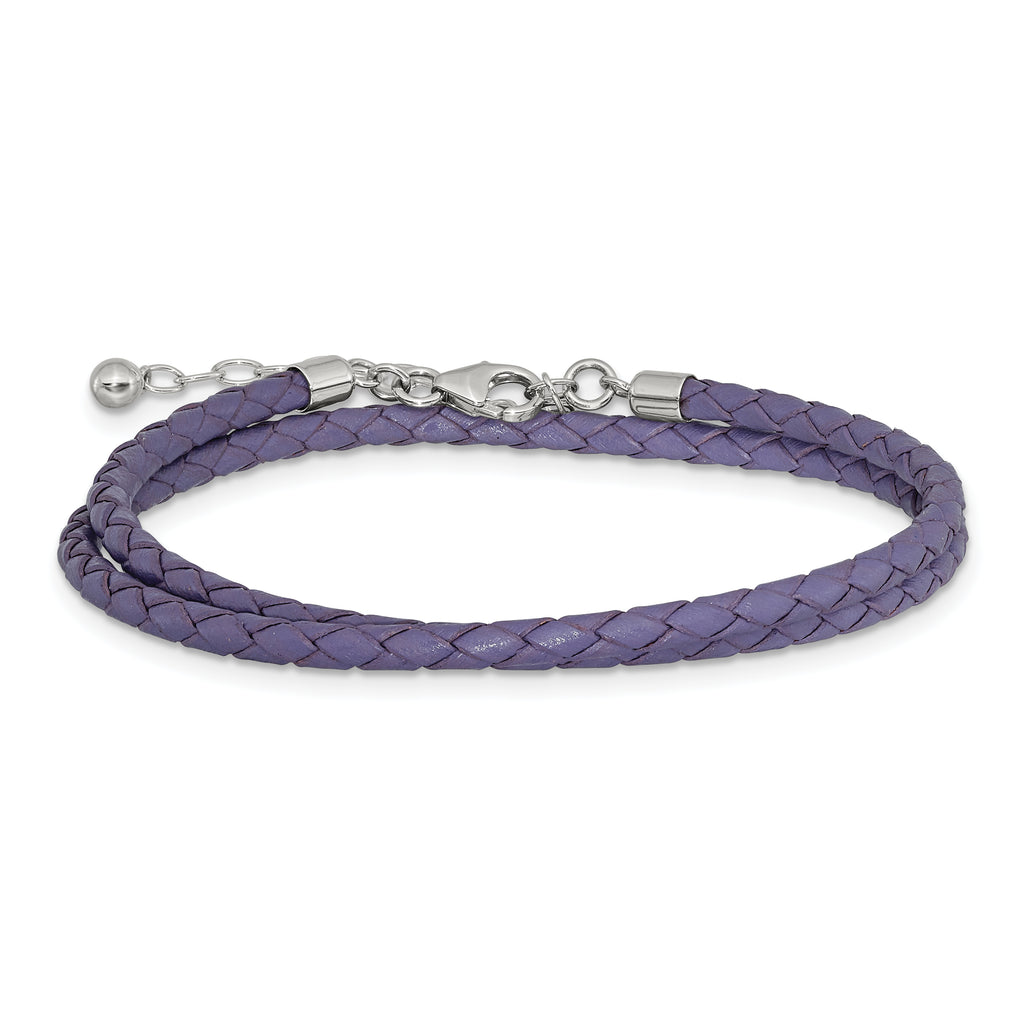 SS Reflections Purple Leather Rh-plated 14in With 2in ext Choker/Wrap Bracelet
