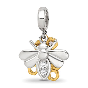 Reflection Beads Sterling Silver Rhodium-Plated Gold-Plated Cubic Zirconia Honeycomb Bee 2-Piece Dangle Bead - Sophia Jewelers