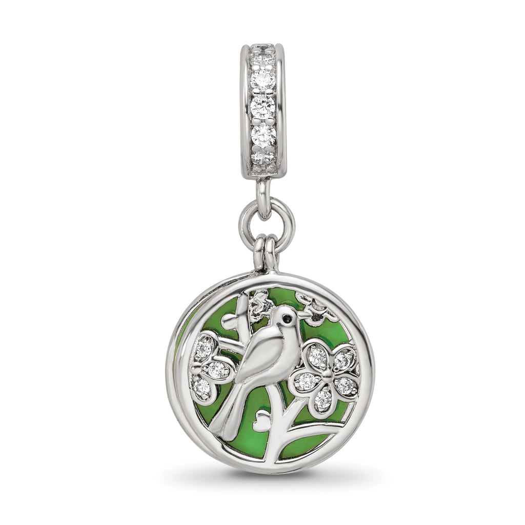 SS Reflections Rhod-plated CZ Enamel Bird/Flower 2-piece Dangle Bead
