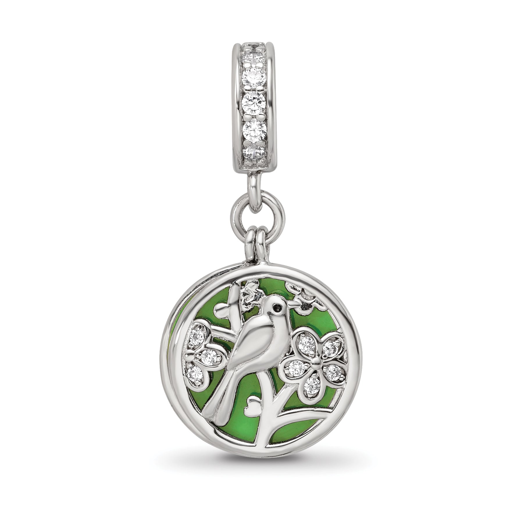 SS Reflections Rhod-plated CZ Enamel Bird/Flower 2-piece Dangle Bead
