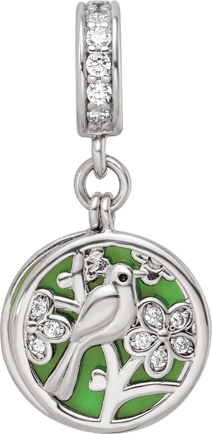 SS Reflections Rhod-plated CZ Enamel Bird/Flower 2-piece Dangle Bead
