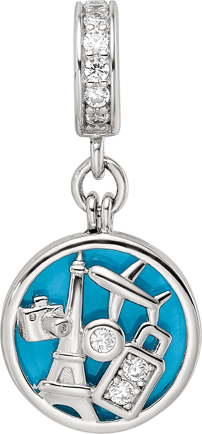 Sterling Silver Reflections Rhod-plated CZ Enamel Travel Dangle Bead