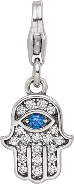 SS Reflections Rhod-plated CZ & Blue Spinel Hamsa/Chamseh Click-On Bead