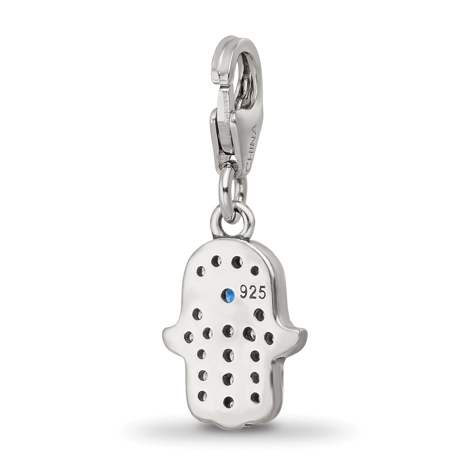 SS Reflections Rhod-plated CZ & Blue Spinel Hamsa/Chamseh Click-On Bead