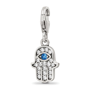 Reflection Beads Sterling Silver Rhodium-Plated Cubic Zirconia & Blue Spinel Hamsa Click-On Bead - Sophia Jewelers