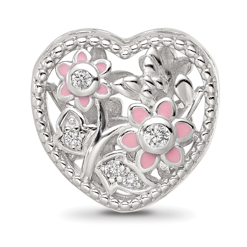 Sterling Silver Reflections Rhod-plated Enamel CZ Heart Shaped Bead