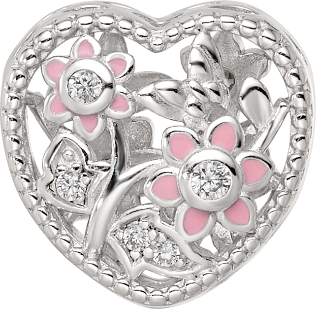 Sterling Silver Reflections Rhod-plated Enamel CZ Heart Shaped Bead
